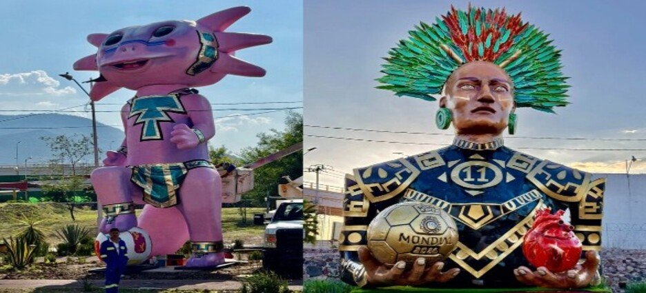 Despliegan esculturas monumentales de cartonería alusivas al Mundial 2026 en Ecatepec